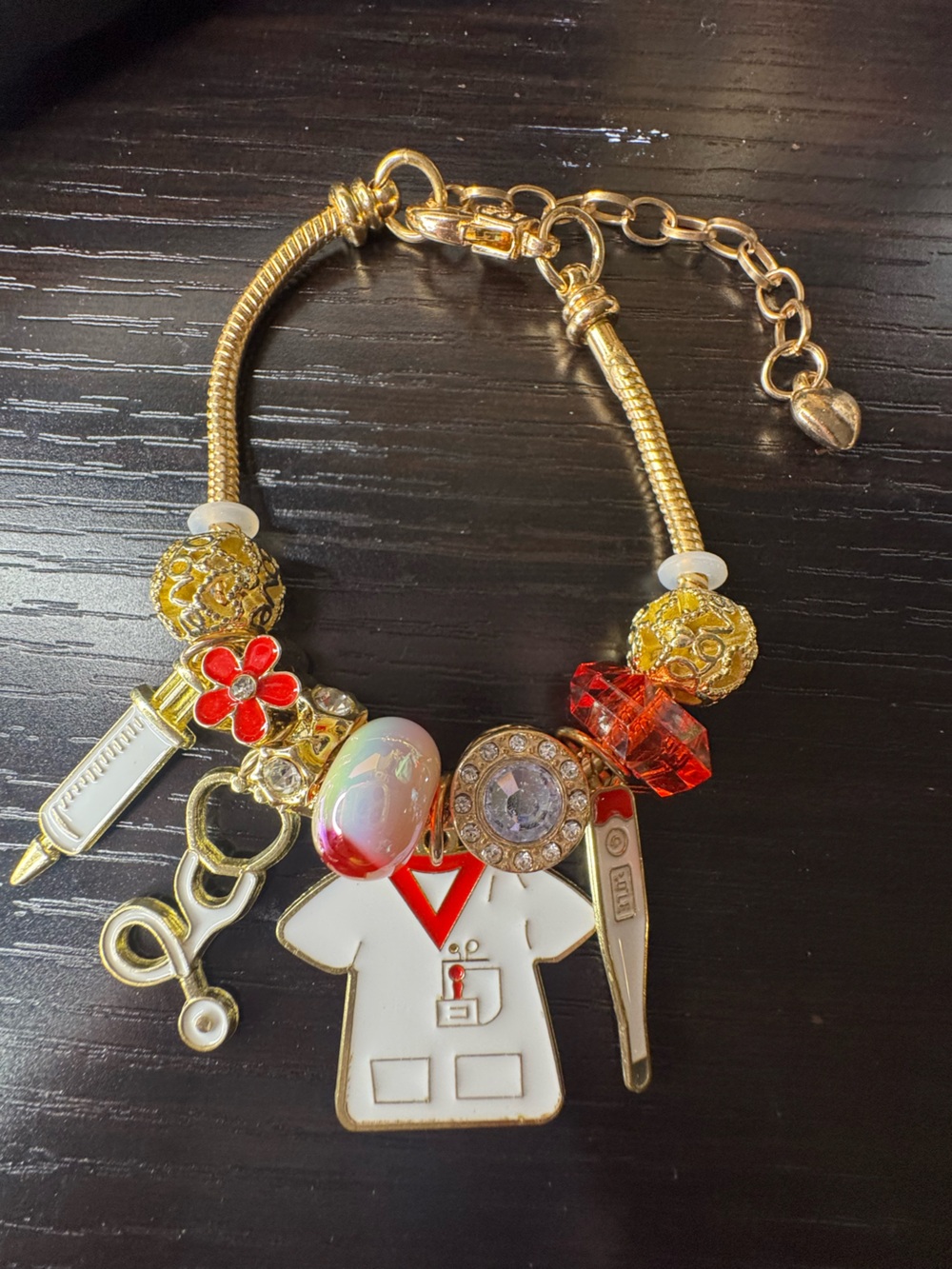 Gold-Tone Women's Charm Bracelet with Red & White Accents